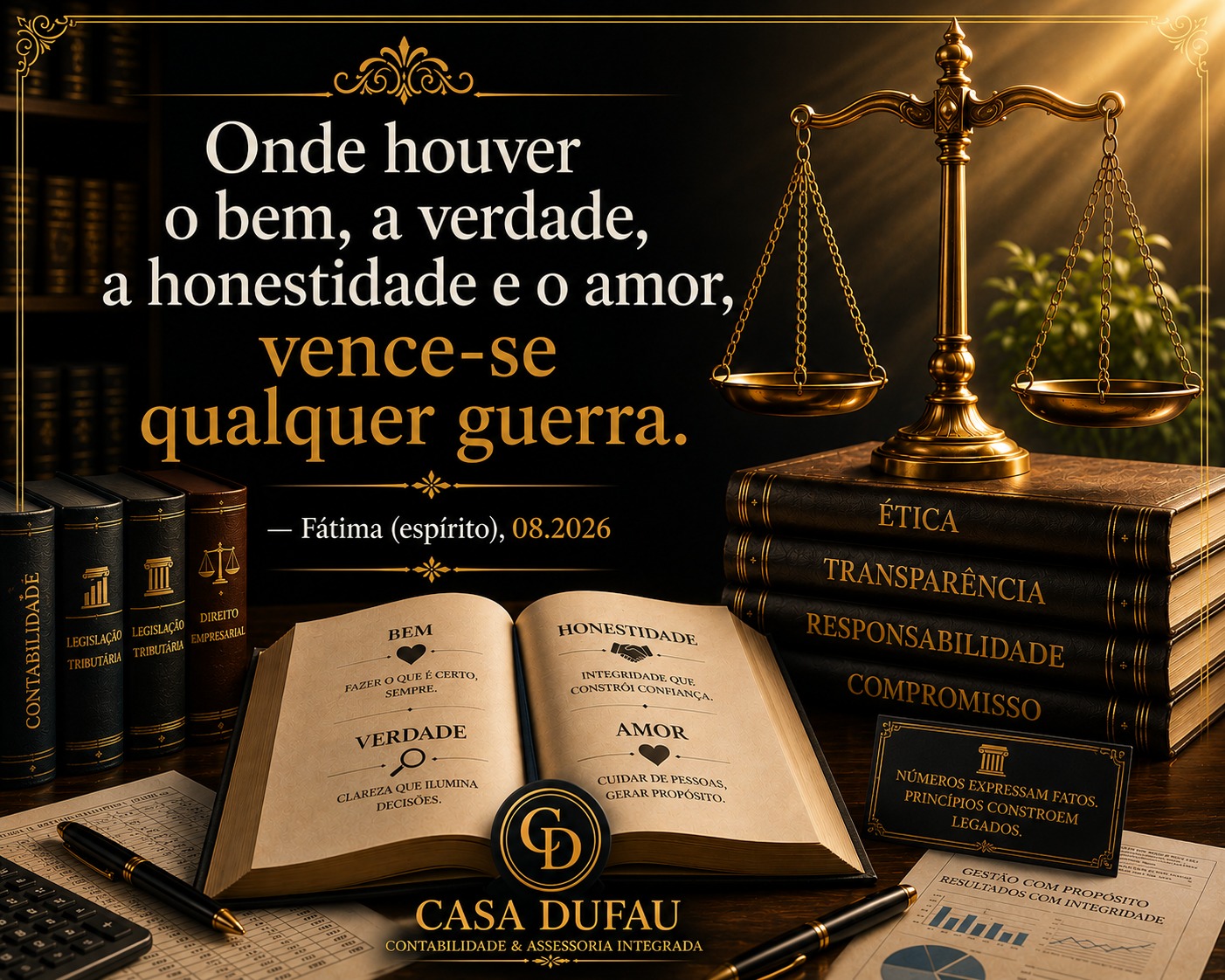 Composição visual da Casa Dufau com balança, livros e os valores ética e transparência